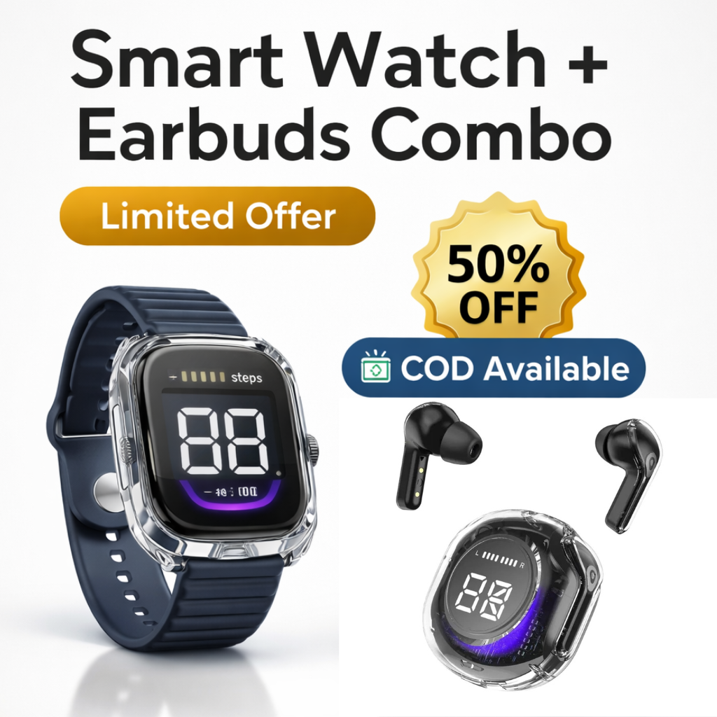 Smart watch and earbuds combo with promotional text on a white background